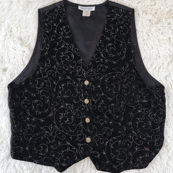 Petite Impressions Jackets & Blazers - Vintage Petite Impressions Velvet Vest Medium Black Silver Swirls Gold Buttons